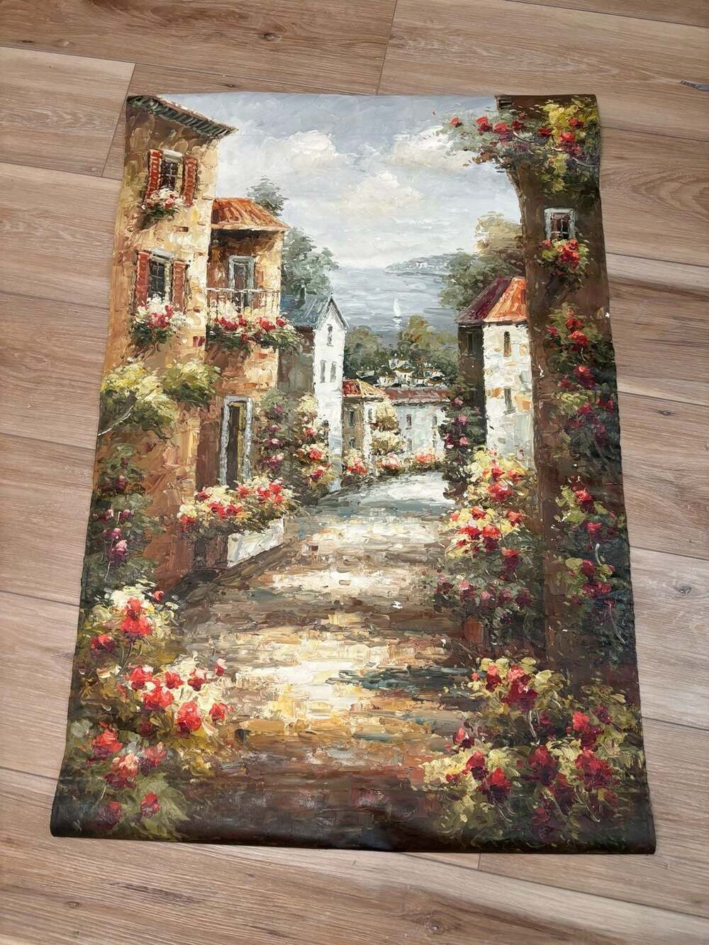 Tuscan Village Floral Path Oil Painting on Canvas unframed
